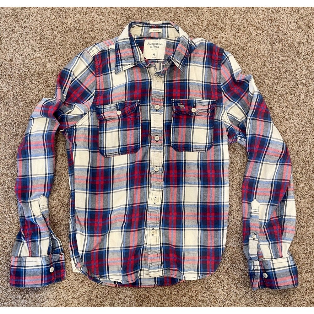 Abercrombie & Fitch Mens XL Plaid Long Sleeve Flannel Shirt Muscle Fit Blue 1036